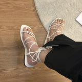 Cyber Monday Sales Women Summer Sandals Square Toe Pu Leather Ankle Strap Ladies Flat Beach Shoes 2022 Fashion Rome Cross-Tie Female Sandal