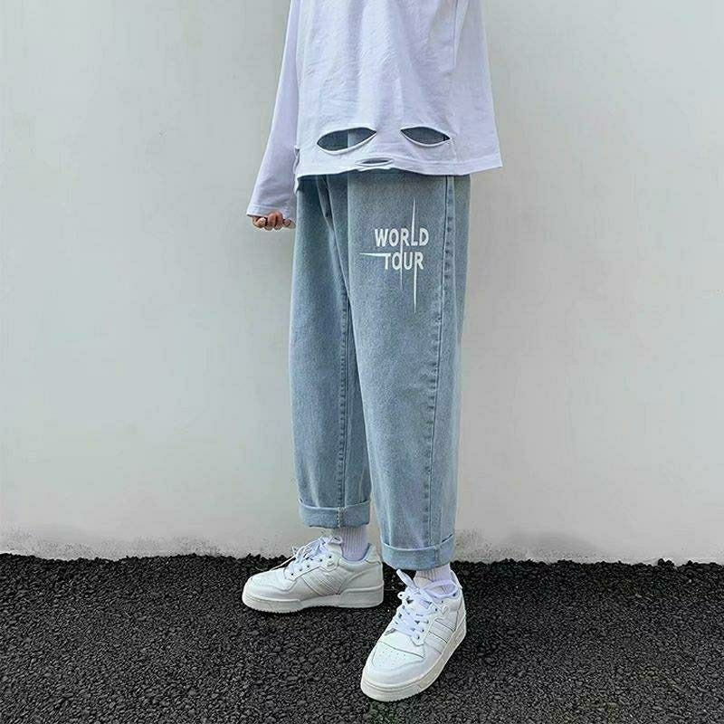 PENERAN 2022 Spring Autumn Fashion High Street Stitching Leopard Print White Jeans Star Letter Embroidery Straight Pants Wide Leg Pants