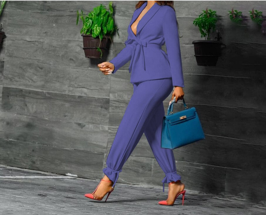 PENERAN 2022 New Women's Green Fruit Collar Suit Trousers Two-Piece Suit Female Spring And Autumn Casual Office Top And Pants Set