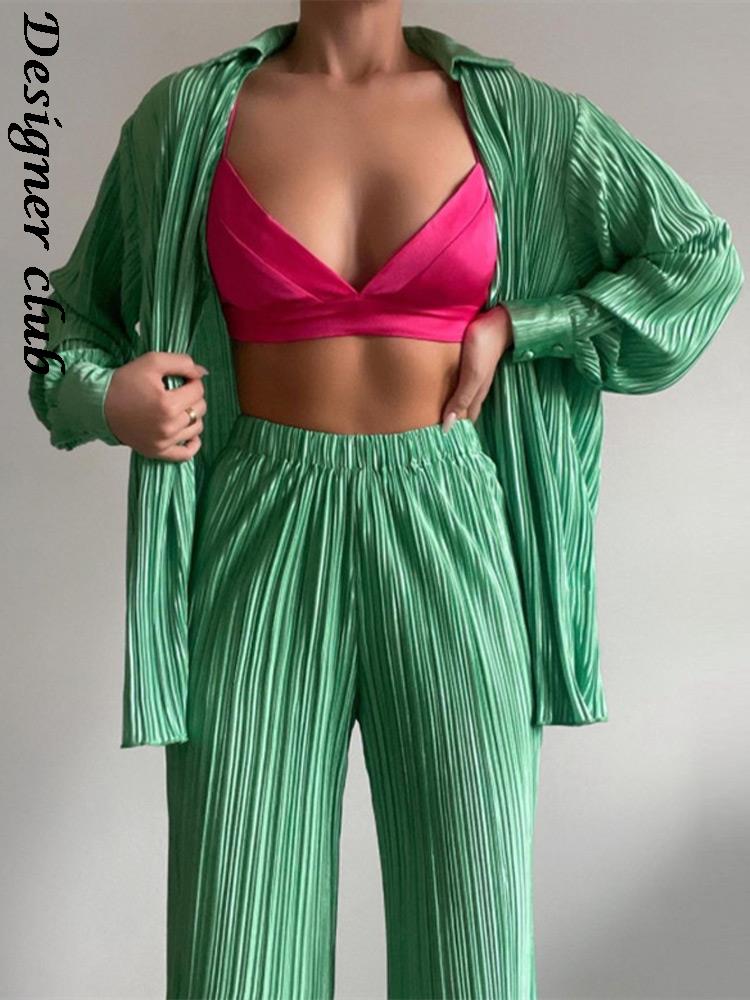 PENERAN Back To School Casual Loose Home Suit Long Sleeve V Neck Blouse And High Waist Pants Set Women Elegant Pleated Two Piece Pant Sets