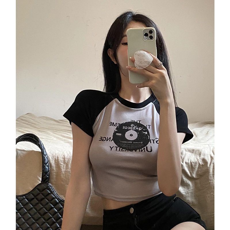 Peneran Back to School Vintage Grunge Y2k T-Shirts Women Korean Crop Tops Graphic T-Shirts Short Sleeve Tee Streetwear Patchwork Aesthetic