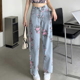 PENERAN 2022 Spring Fashion Women Rose Print Jeans Women Design Loose High Waist Straight Wide Leg Pants