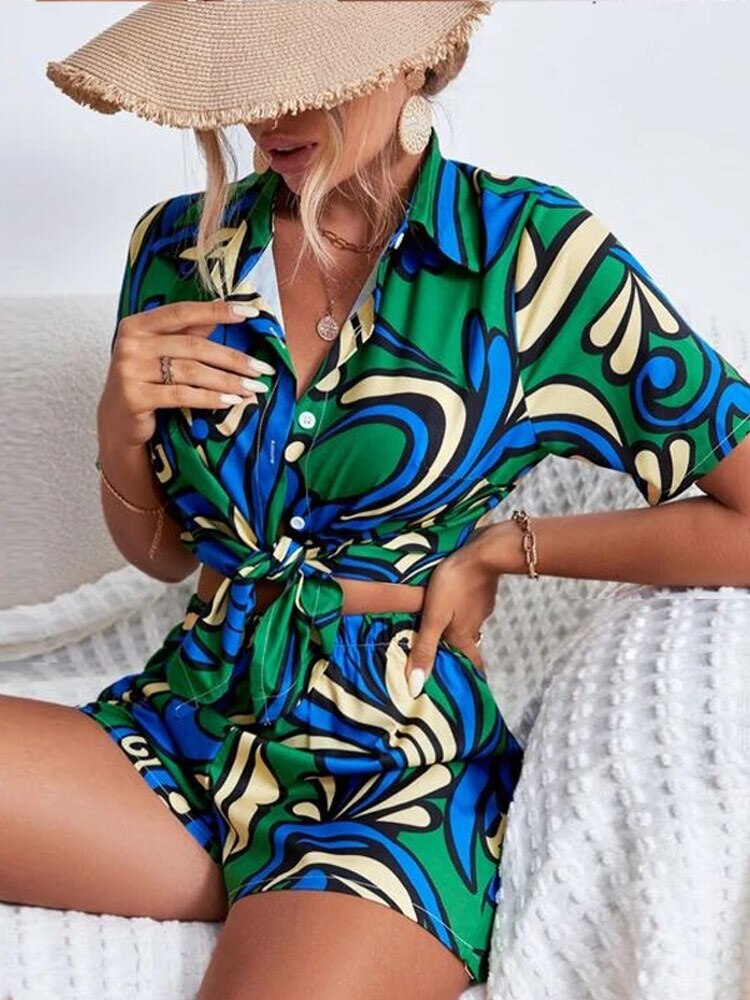 PENERAN Back To School Summer Print Shorts Suits Women Loose Fashion Short Sleeve Shirt Tops And Mini Shorts Suit Two Piece Set Female Lounge Wear