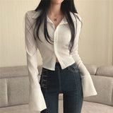 Peneran Women Blouses White Black Korean Style Tunic Flare Sleeve Shirts Cropped Tops Female Sexy Elegant Slim Chic Fashion Top