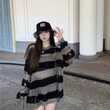 Peneran-Thanksgiving Day Gifts Women Drunge Style O Neck Thin Hollow Out Sweaters Striped Loose Harajuku Korean Gothic Fashion Sweater Casual Knitted Top Goth