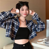 Peneran Women Cropped Blouses Plaid Shirts Casual Korean Style Cardigan Baggy Sexy Gyaru Y2k Streetwear Girly Female Tops Chic