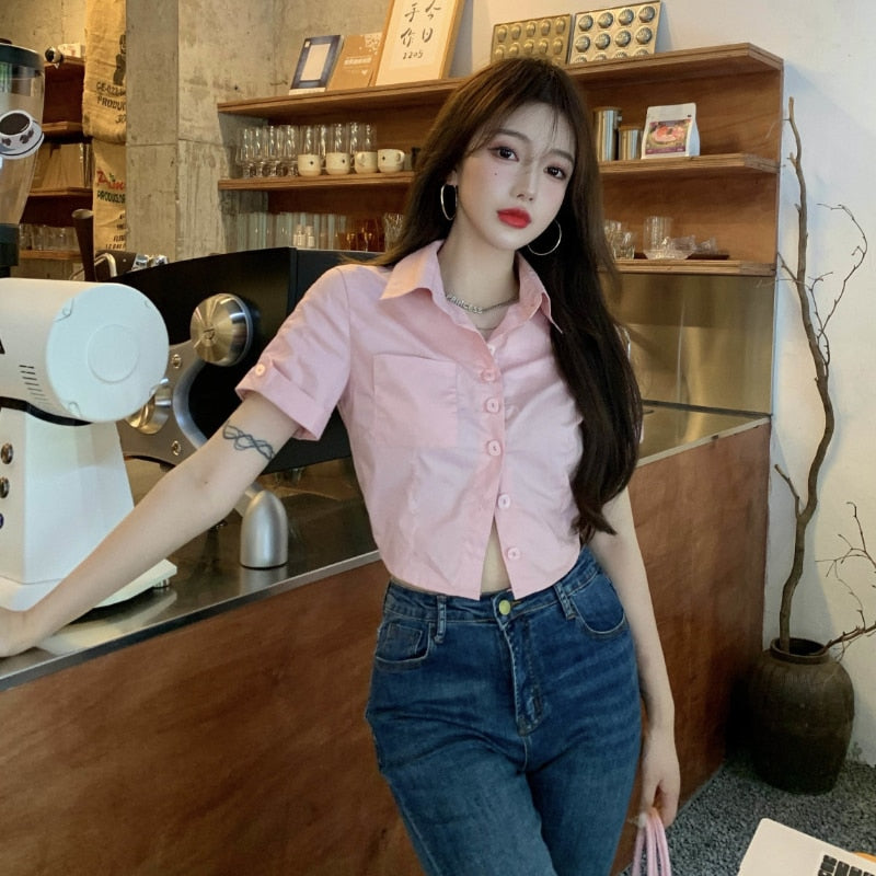 Peneran Women Pink Blouses Cropped Korean Style Basic Short Sleeve Shirts Y2k Sexy Preppy Slim Casual Chic Female Summer Tops