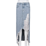 Peneran Casual Slit Denim Skirts for Women With Pockets Frayed Raw Hem Stretch Waist Washed Slim Casual Long Blue Jean Skirts 2023