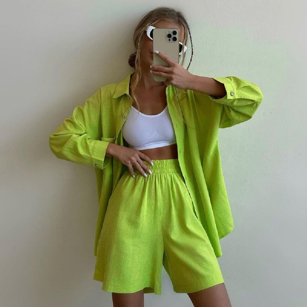 PENERAN 2022 Fashion Green Suit Women Casual Loose High Waist Shorts Set Female Elegant Long Sleeve Blouse Top Two Piece Set Outfits
