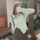 Peneran Korean Style Women Blouses Sweet Sexy Asymmetrical Tops Y2k Slim Knitted Shirts Green Black Streetwear Chic Fashion
