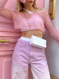 Peneran  2023 Summer Y2K Hollow Out Knitted Crop Top Women Long Sleeve Smock Top Sun Protection Breathable Cardigans Chic Tee