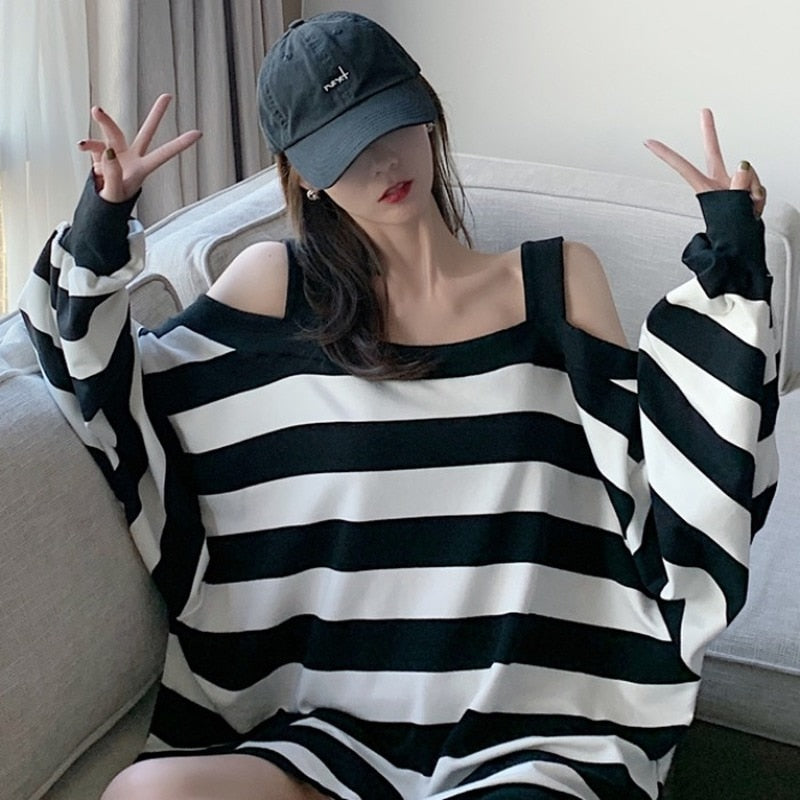 PENERAN Women Clothes Fashion 2022 Striped Sweatshirt Women Harajuku Gothic Hoodie Clothes Cotton Korean Long Sleeve Off Shoulder Kawaii Tops Oversize Kpop