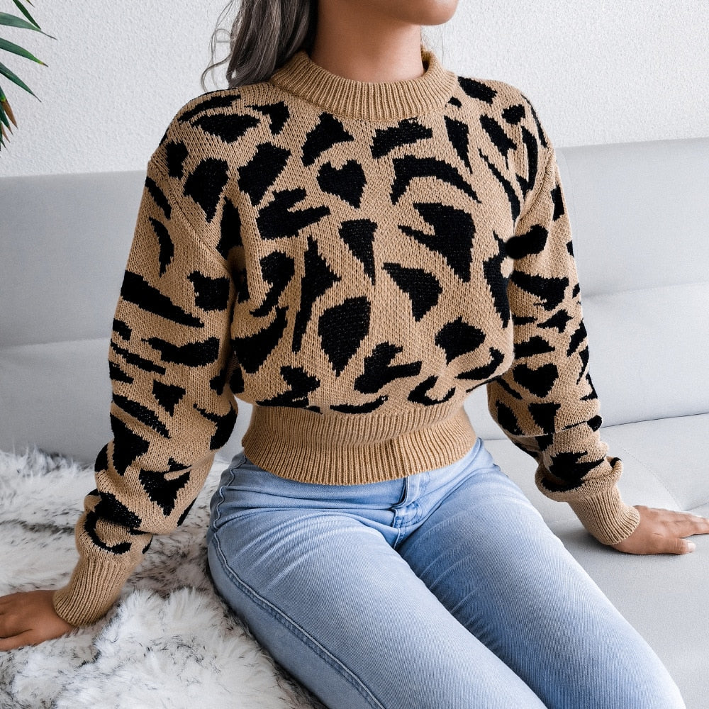 Black Fridays Sales Fashion Knitted O Neck Sweater For Women Pullover Autumn And Winter Leisure Leopard Print Waist Knit Short Sweater Jumpers Tops