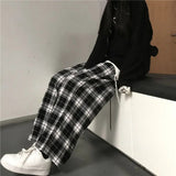 Peneran Harajuku Black And White Plaid Pants Women Casual Oversize Wide Leg Trousers Korean Retro Teens Hip-Hop Unisex Straight Trouser