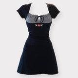 Peneran Vintage Kawaii Bow Embroidery Mini Dress Patchwork Square Collar Short Sleeve Black Dress Retro Y2K Aesthetic Fairy Clothes