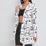Peneran White Abstract Face Print Single Button Blazer Women Jacket Streetwear Autumn Plus Size Elegant Office Lady Coat American Tops