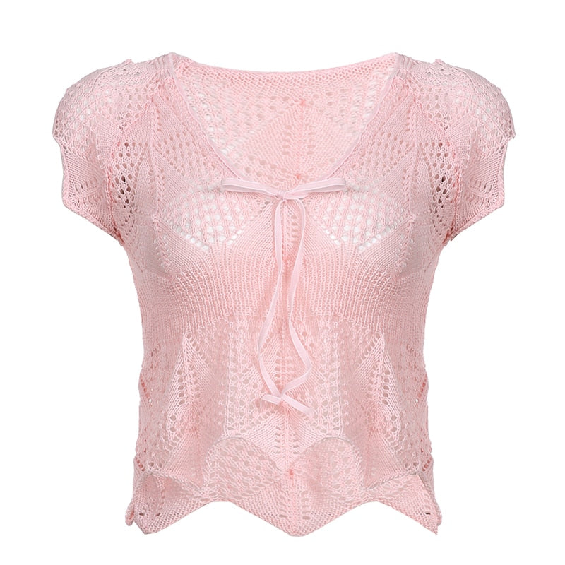 Peneran Y2k Pink Knitted Crop Top Lace Up Short Sleeve T Shirt Women V Neck Irregular Fariycore Cute Tee Summer Holiday Sweet