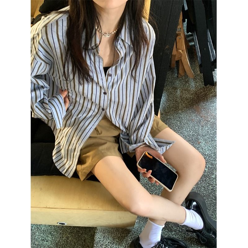 Peneran Women Striped Blouses Vintage Korean Style Oversized Chic Long Sleeve Shirts Streetwear Harajuku Casual Female Cardigan