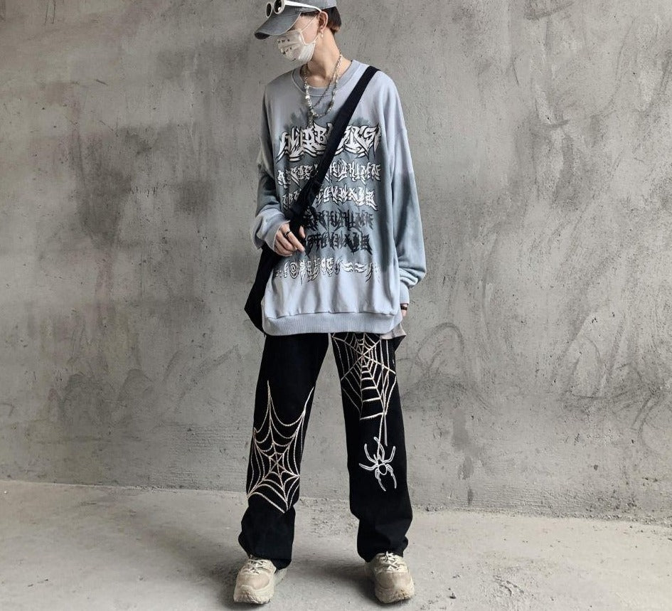 Peneran Spring Autumn Fashion High Street Retro Spider Web Embroidered Jeans Wide Leg Pant Loose Casual Straight Leg Jeans Men Women Y2K