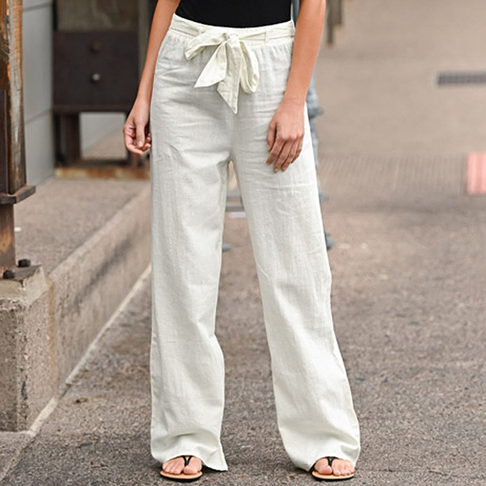 Peneran 2022 Women's Pants Casual Solid Color Cotton Linen Long Straight Pants Harajuku High Waist With Belt Wide Leg Pants Trousers