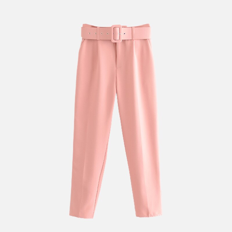 Peneran Women's Pants High Waist With Belt Classic Pockets Office Lady Ankle Length Trousers Female 2022 Spring Fashion Pink Harem Pants