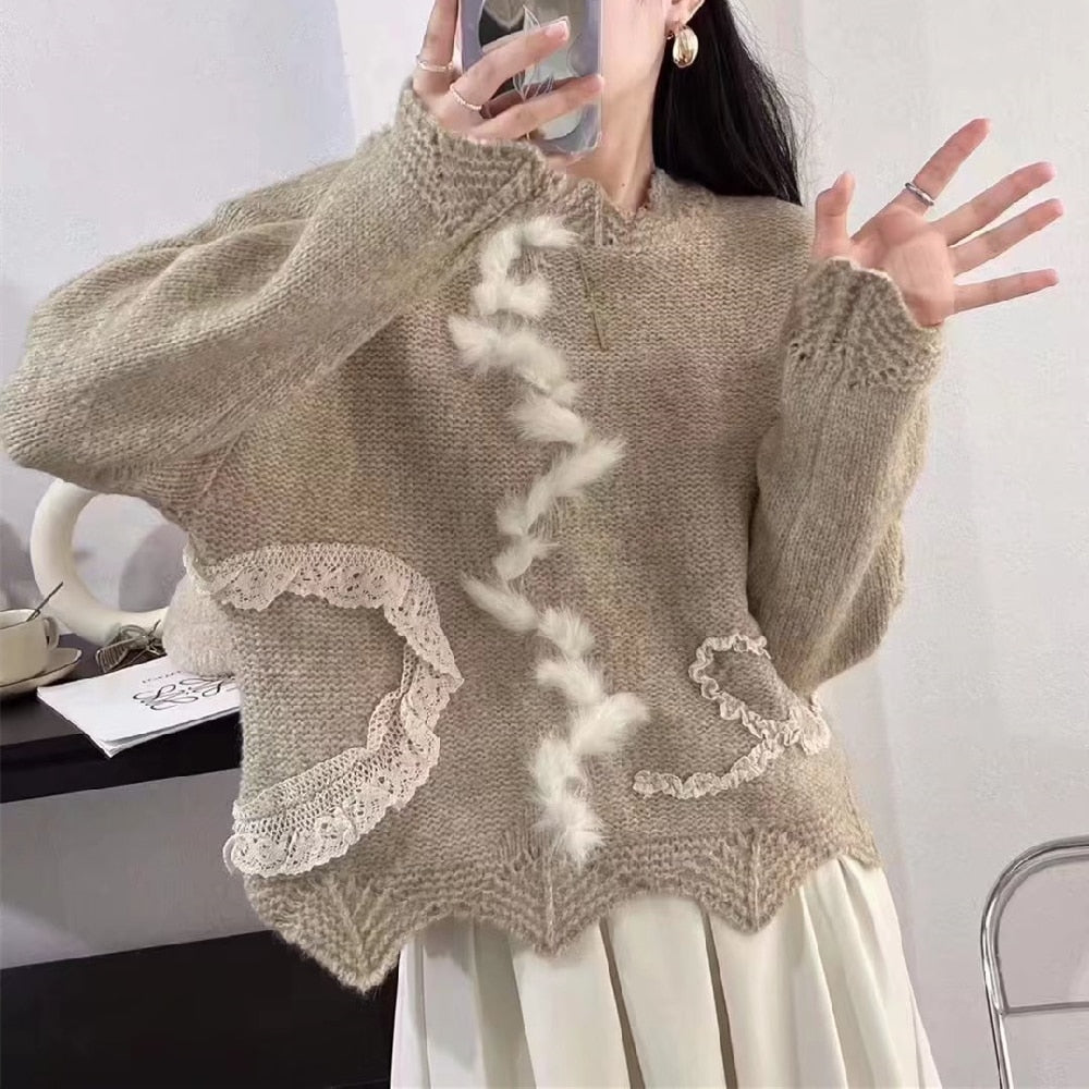 Peneran 2023 Autumn And Winter New Long-Sleeved Thick Needle Lace Imitation Mink Sweater Korean Women's Clothing