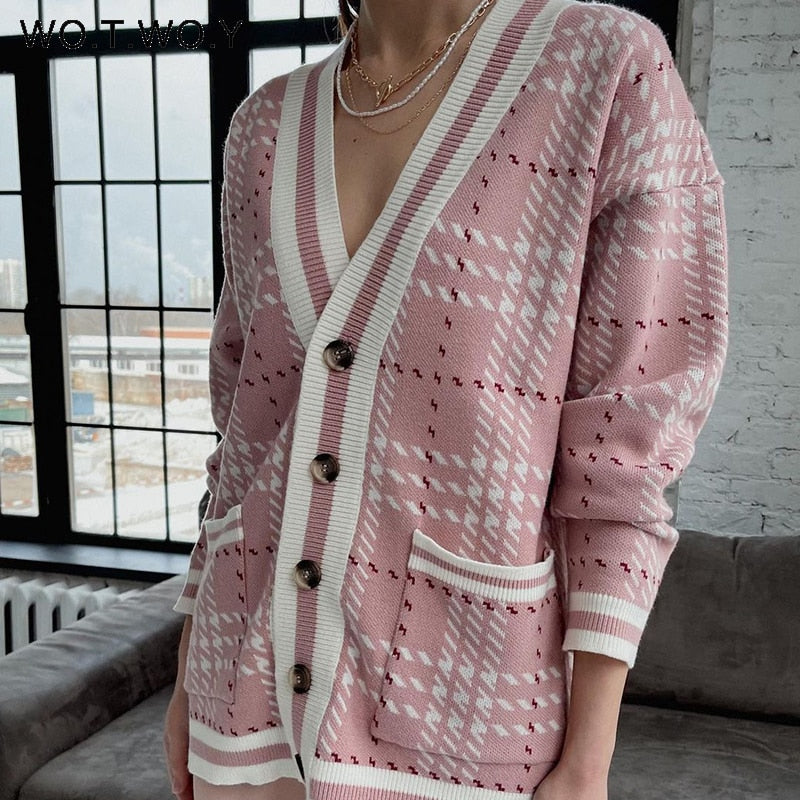 PENERAN Jacquard Knitted V-Neck Cardigan Women Autumn Winter Buttons-Up Loose Printed Sweater Female Kimono Cardigans Knit Tops