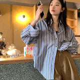 Peneran Women Striped Blouses Vintage Korean Style Oversized Chic Long Sleeve Shirts Streetwear Harajuku Casual Female Cardigan