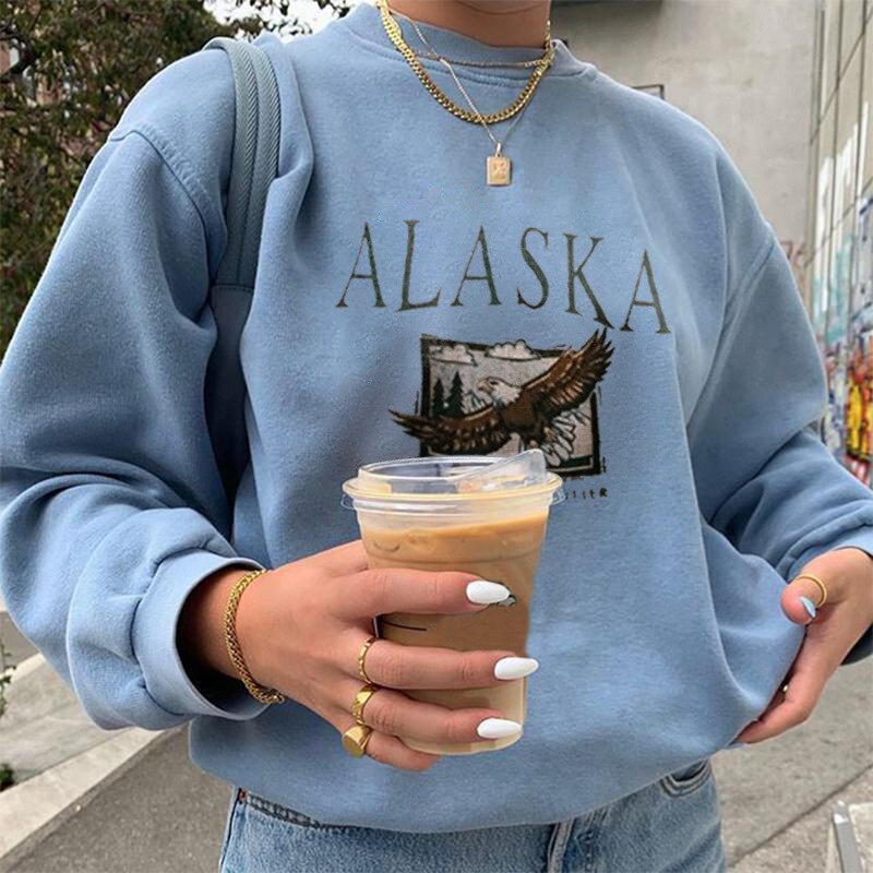 Peneran Alaska Eagle Printing American Vintage Blue Oversized Sweatshirt Women O Neck Long Sleeve Casual Shirt Autumn Hoodie Women 2022
