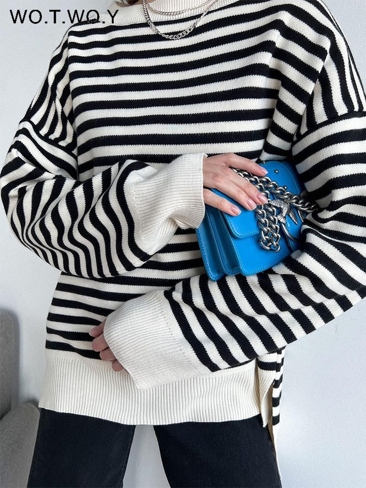 PENERAN Knitted Striped Sweater Women 2022 Autumn Winter Loose Casual Thick Pullovers Female Warm Long-Sleeved Round Neck Tops
