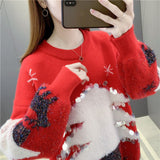 Peneran 2022 New Christmas Tree Pattern Sweater Women Preppy Red Long Sleeve Jumper Female Vintage Y2k Knitted Pullover Tops