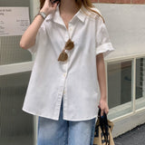 Peneran Women White Blouses Short Sleeve Korean Fashion Tops Female Shirts Casual Basic Cardigan Streetwear Loose All-match
