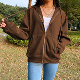 Peneran Brown Zip Up Hooded Sweatshirts Women 2022 Vintage Pockets Oversized Jacket Coat Autumn Female Y2K Aesthetic Long Sleeve Hoodie