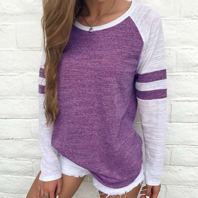 Peneran Cotton  Autumn Female O-Neck Long Sleeve Casual Simple T Shirts Pocket Patchwork Tops Spring Women Striped T-Shirts Tees