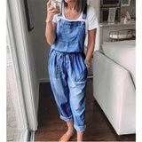 Back to School Spring Autumn Thin Loose Casual Womens Denim Jumpsuit Lace Up Elastic Waist Overalls Solid Color Wide Leg Trousers Bodysuit 6218