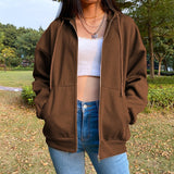 Peneran Brown Zip Up Hooded Sweatshirts Women 2022 Vintage Pockets Oversized Jacket Coat Autumn Female Y2K Aesthetic Long Sleeve Hoodie