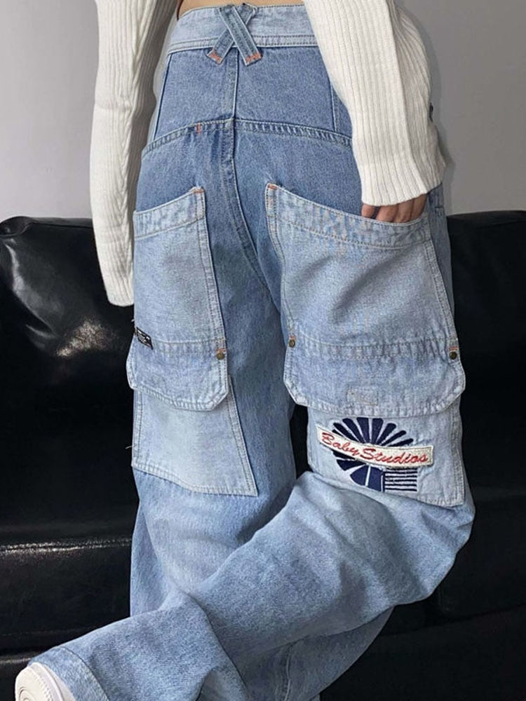 Black Friday Sales Vintage Cargo Jeans Women Y2k Hip Hop Baggy Wide Leg Denim Pants Casual Loose Harajuku Trousers 90S Streetwear Pockets