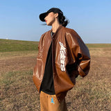 Christmas Gifts American Retro Letter Embroidery Leather Jacket Coat Women's Y2K Street Hip-Hop Trend Baseball Suit Couple Casual Leather Jacket