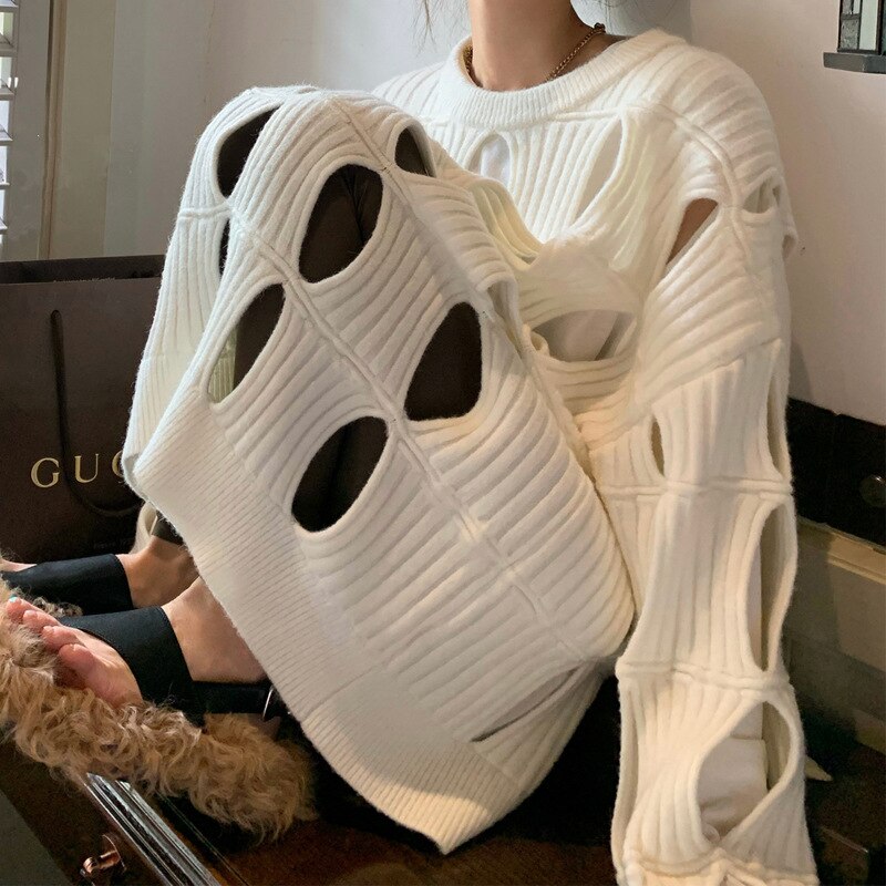 Peneran 2022 Aesthetic Hollow Out Top Grunge Sweater Women Fashion Streetwear Korean Autumn Loose O Neck Thin Cover Knitwear Y2K