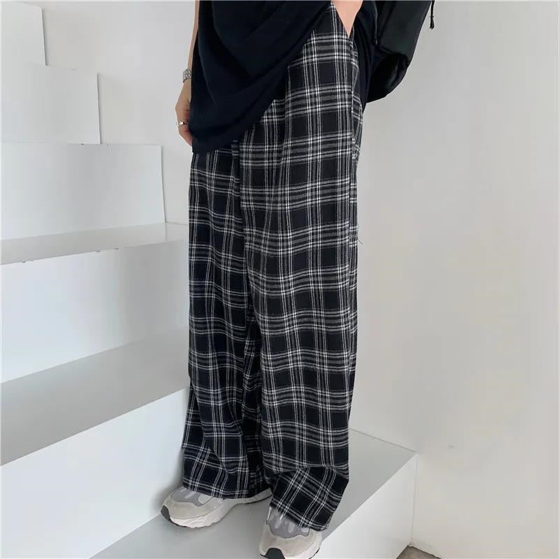 Peneran Black And Pink Plaid Pants Oversize New Women Casual Loose Wide Leg Trousers Ins Retro Teens Straight Trousers Hiphop Streetwear