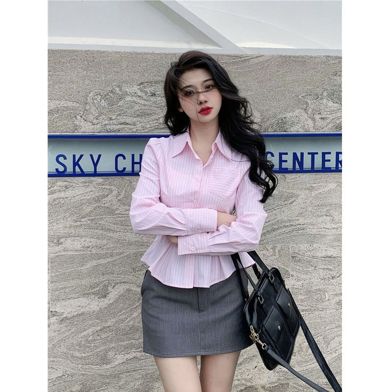 Peneran Sweet Women Blouses Striped Pink Tunic Shirts Korean Style Y2k Ruffle Tops Cute Sexy Chic Elegant Girly Female Fashion