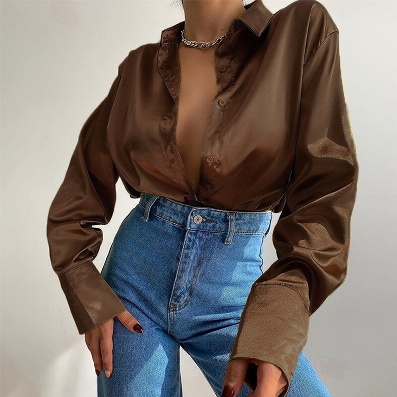 PENERAN Elegant Satin Solid Long Sleeve Women Blouses Female Chic Vintage Blue Green Casual Loose Fitting Buttons Down Shirts Tops