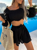 PENERAN Back To School Sexy Beach Party Lace Shorts Outfits Square Collar Short Sleeve Crop Tops And Short Pants Suit Two Piece Set