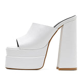 PENERAN Big Size 43 Summer White Chunky Heeled Mules High Heels Sexy Party Platform Heel Sandals Shoes For Women
