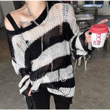 Peneran-Thanksgiving Day Gifts Women Drunge Style O Neck Thin Hollow Out Sweaters Striped Loose Harajuku Korean Gothic Fashion Sweater Casual Knitted Top Goth