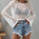 PENERAN White Fishnet Crop Tops Knitted Pullover Women Summer Casual Flare Sleeve Hollow Out Sweater Fashion Jumper 2022