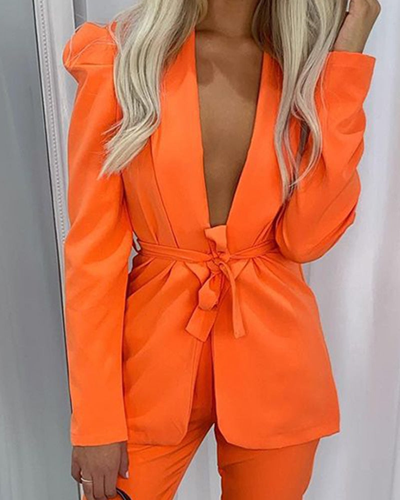 Thanksgiving Day Gifts Women Open Front Blazer Top +Pant Fall 2 Piece Sexy Club Outfits Solid Tie Front Blazer & Pants Set Orange Pants Suit Streetwear