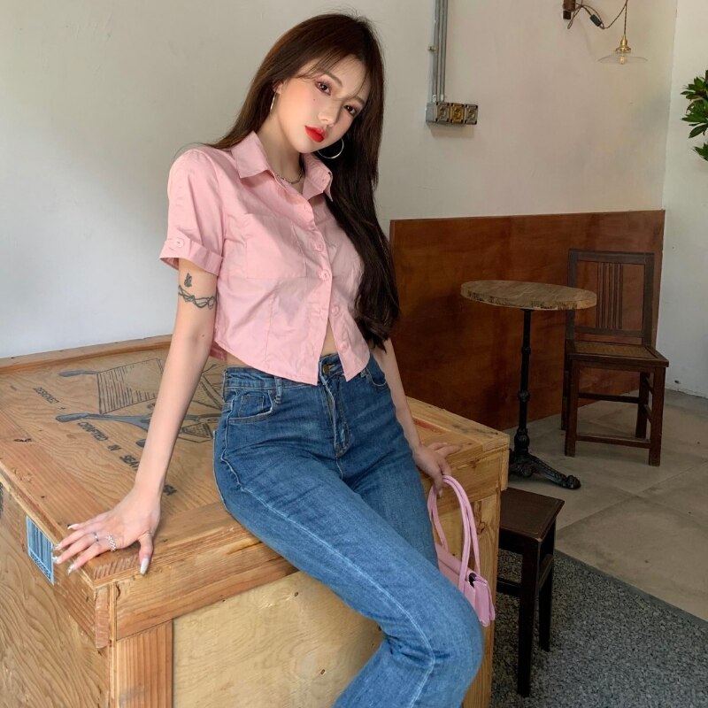 Peneran Women Pink Blouses Cropped Korean Style Basic Short Sleeve Shirts Y2k Sexy Preppy Slim Casual Chic Female Summer Tops