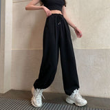 PENERAN Women Casual Drawstring Pants Oversized Baggy Korean High Waist Joggers Trousers Black Grey All-Match Sweatpants With Pocket