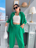 PENERAN Back to School 100% Cotton Casual Green Suit For Women With Wide Trousers Shirt Oversize 2 Piece Sets Womens Outfits Pants And Top Tracksuit